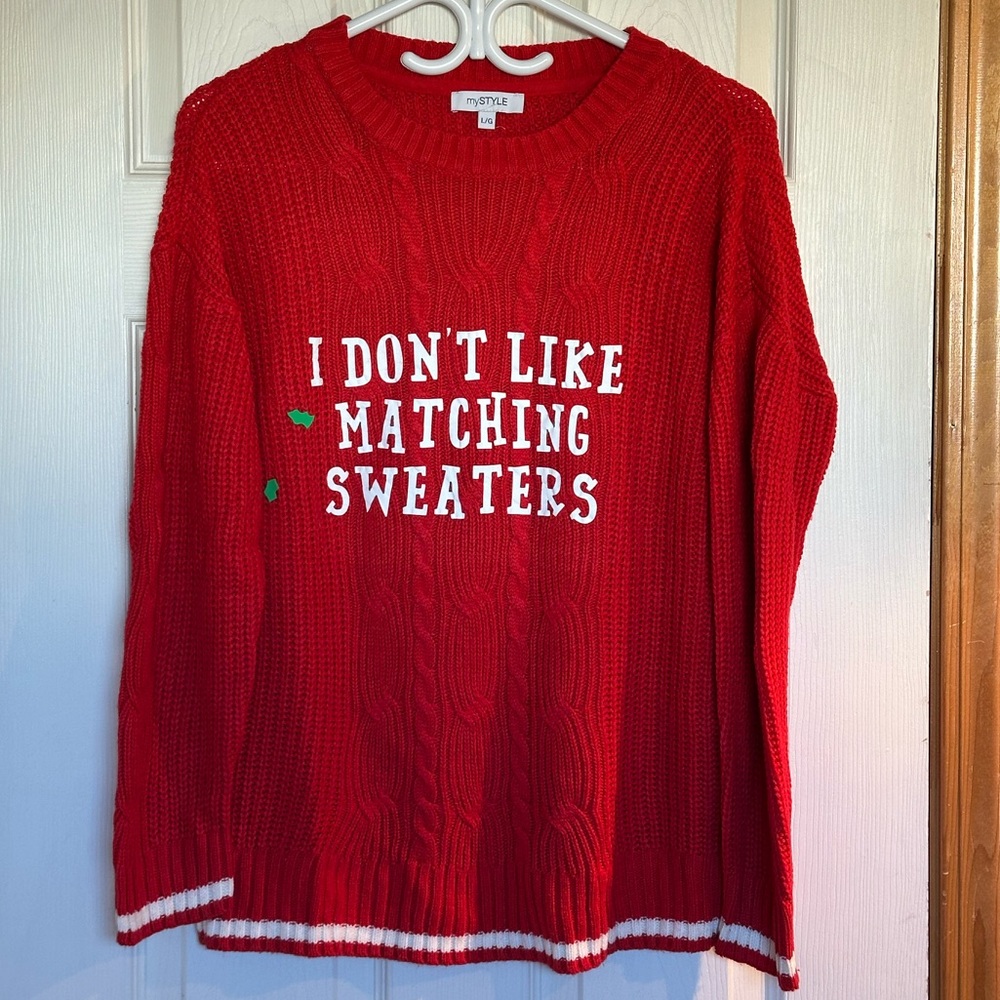 FREE with purchase of $15 and over. Hand decorated Red Cable Knit Xmas Sweater